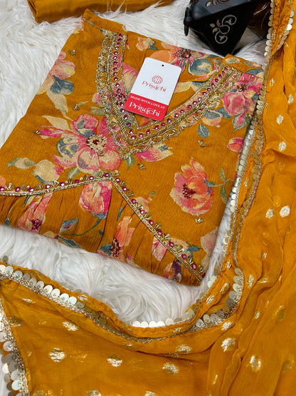 Yellow Chinon floral print Alia cut Anarkali dress