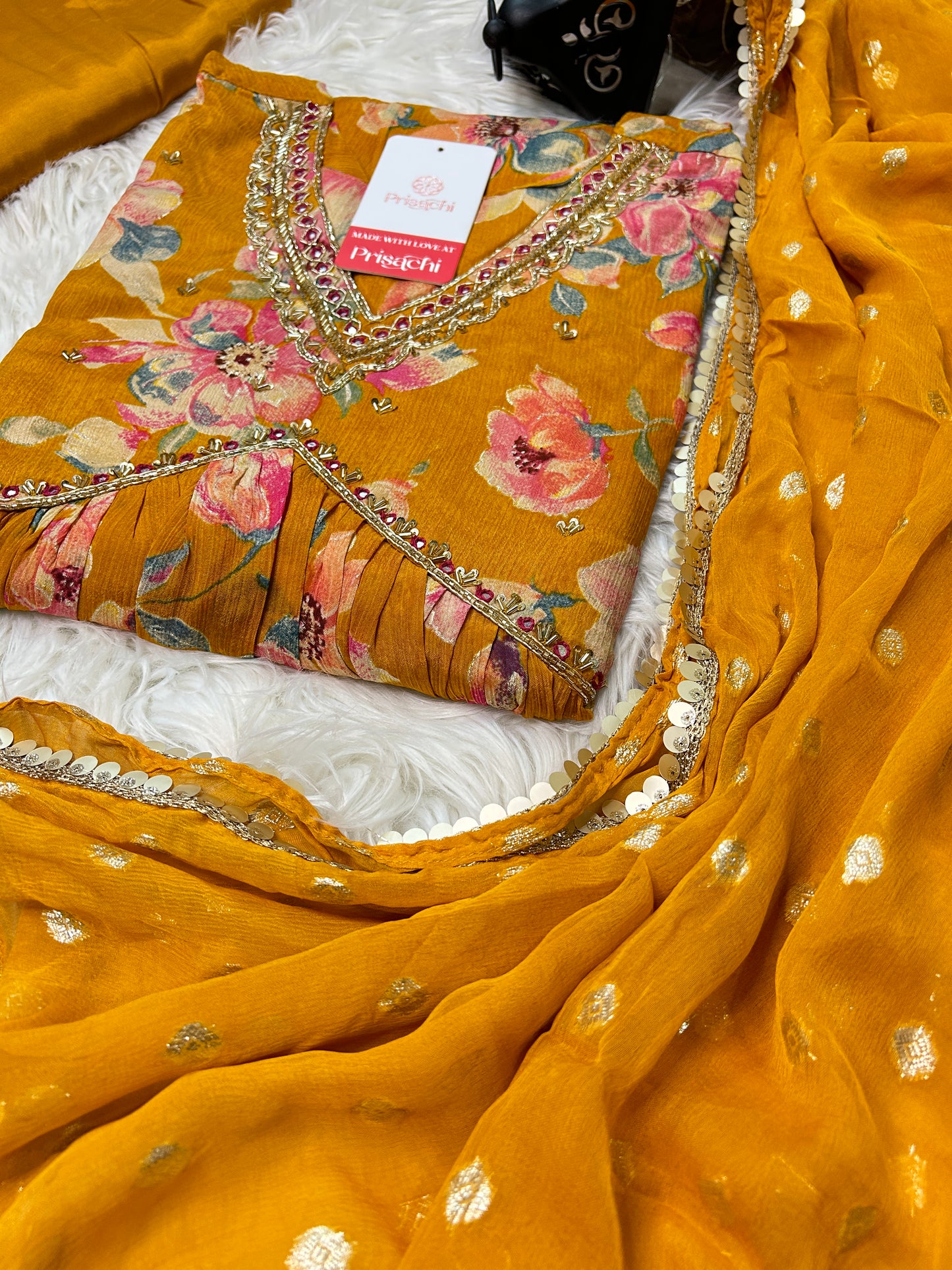 Yellow Chinon floral print Alia cut Anarkali dress