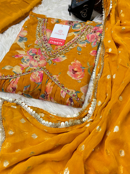 Yellow Chinon floral print Alia cut Anarkali dress