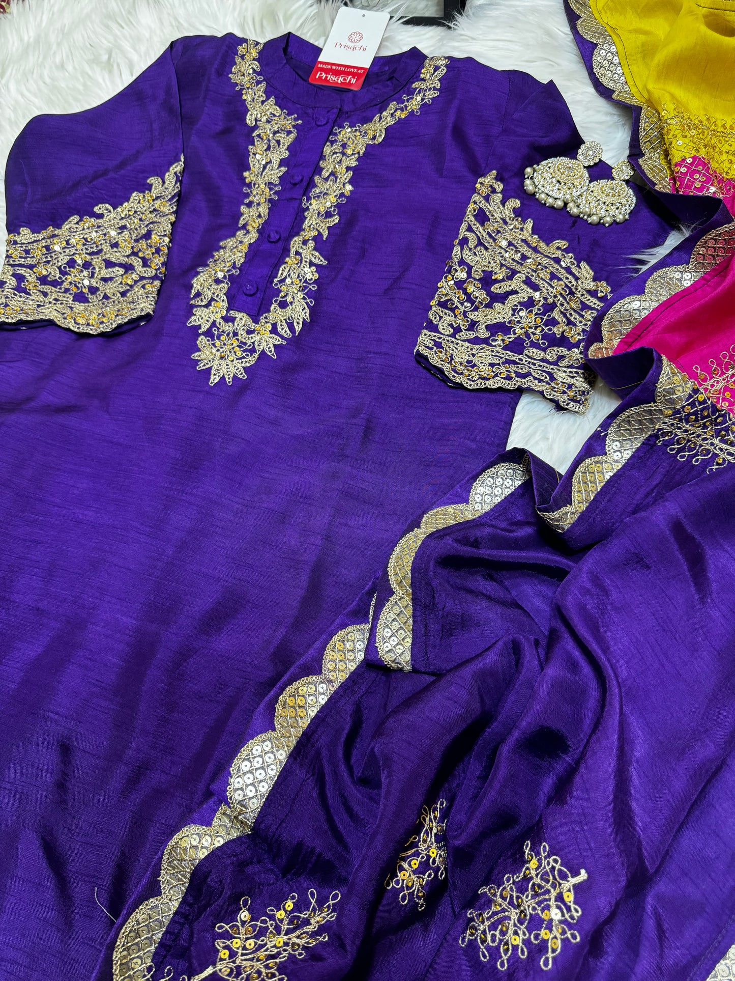 Purple Embroidered straight kurta set with Multicolored dupatta