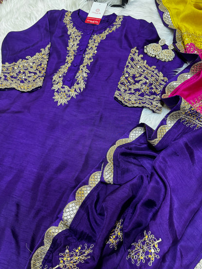 Purple Embroidered straight kurta set with Multicolored dupatta