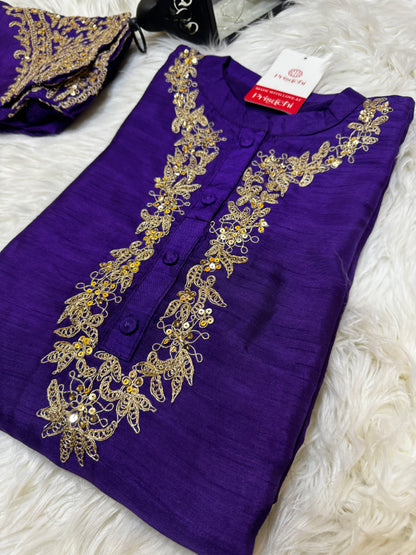 Purple Embroidered straight kurta set with Multicolored dupatta