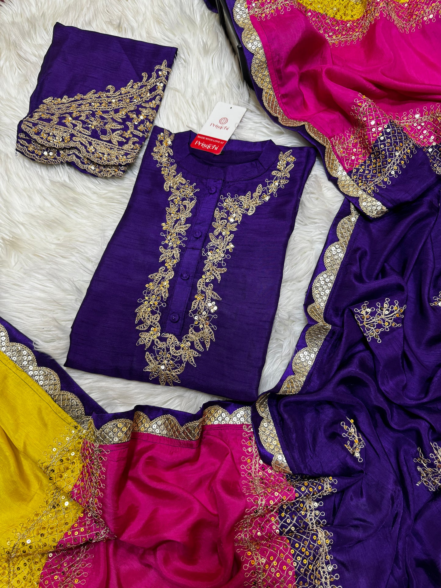 Purple Embroidered straight kurta set with Multicolored dupatta