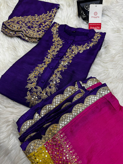 Purple Embroidered straight kurta set with Multicolored dupatta