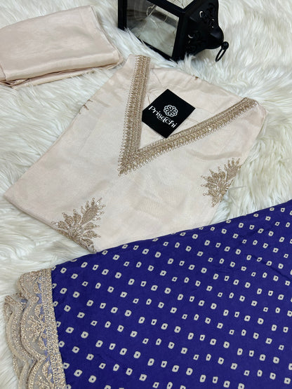 Off White Lilac silk kurta set with blue  dupatta - Prisachi Official