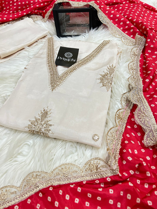 Off White Lilac silk kurta set with red dupatta - Prisachi Official