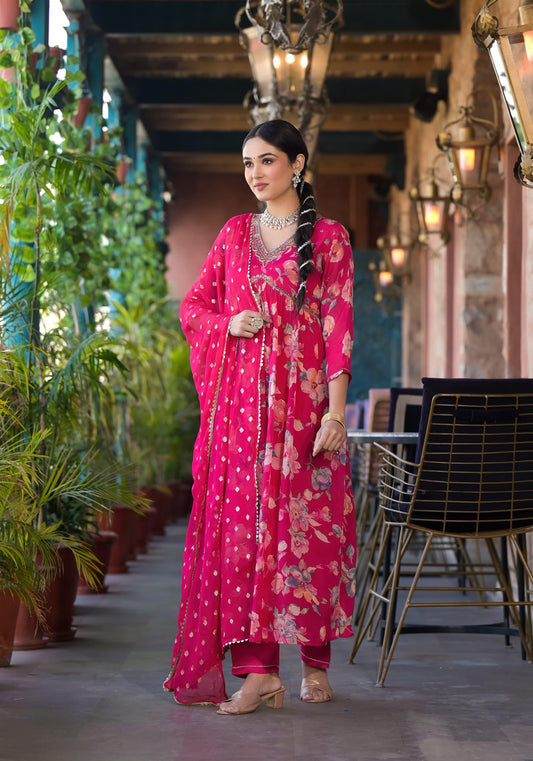 Pink Chinon floral print Alia cut Anarkali dress