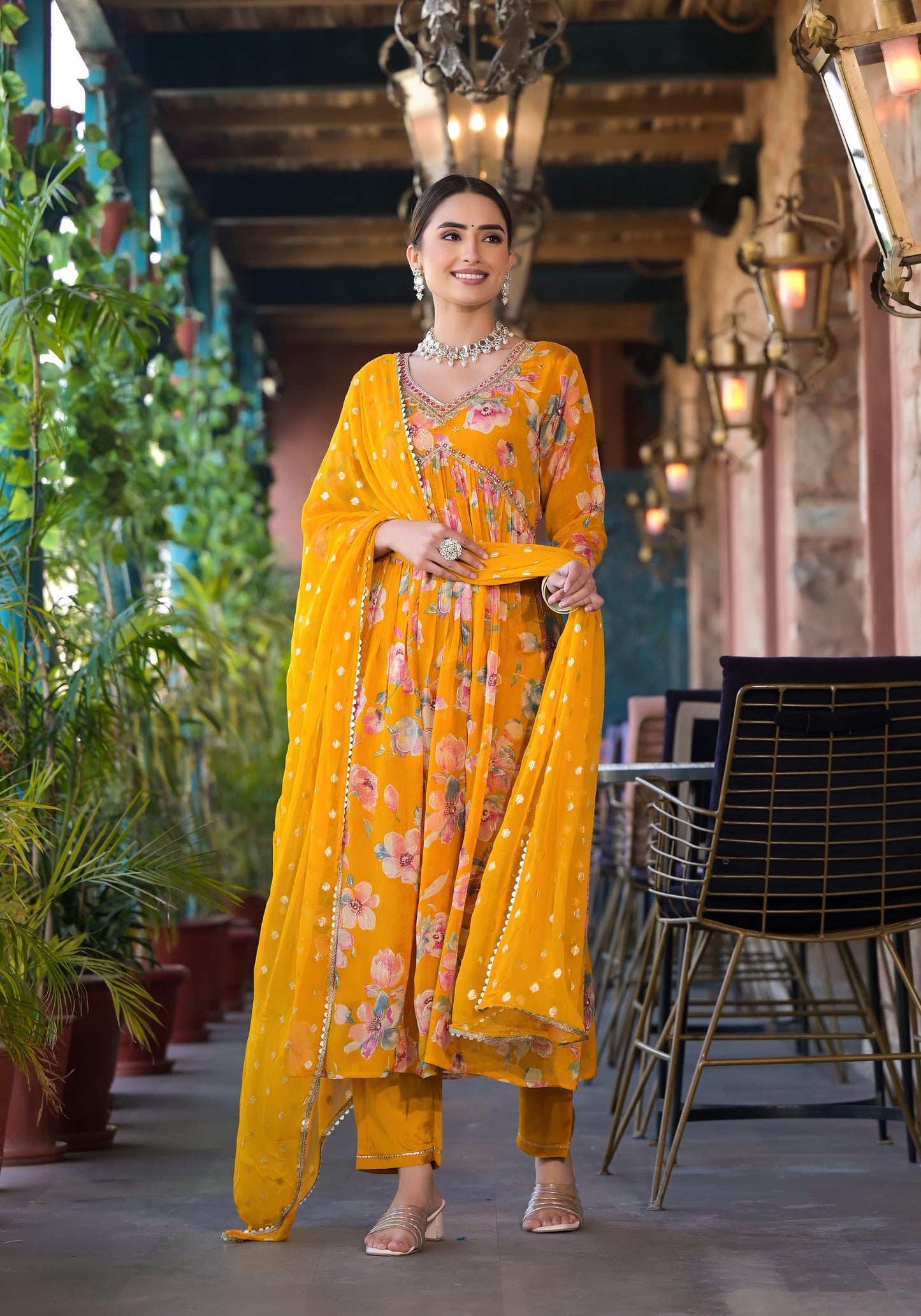 Yellow Chinon floral print Alia cut Anarkali dress