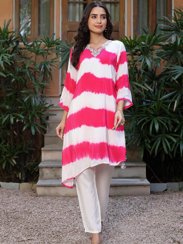 Tie dye neck embroidered kurta with straight leg pant Pink - Prisachi Official