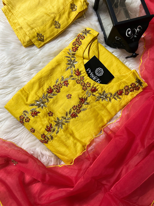 Yellow embroidered kurta set with dupatta - Prisachi Official