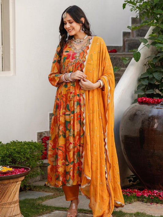 Yellow Chinon floral print Alia cut Anarkali dress - Prisachi Official