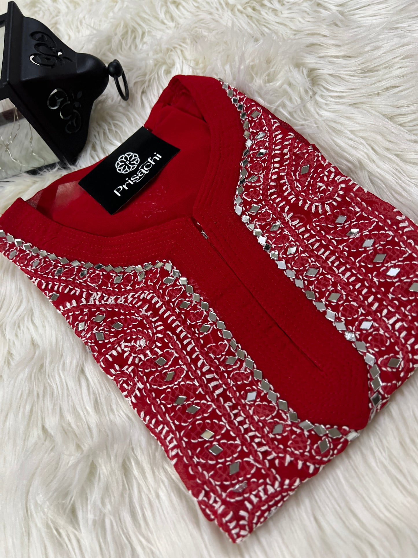 Red Georgette mirror work kurti with chikankari work - Prisachi Official