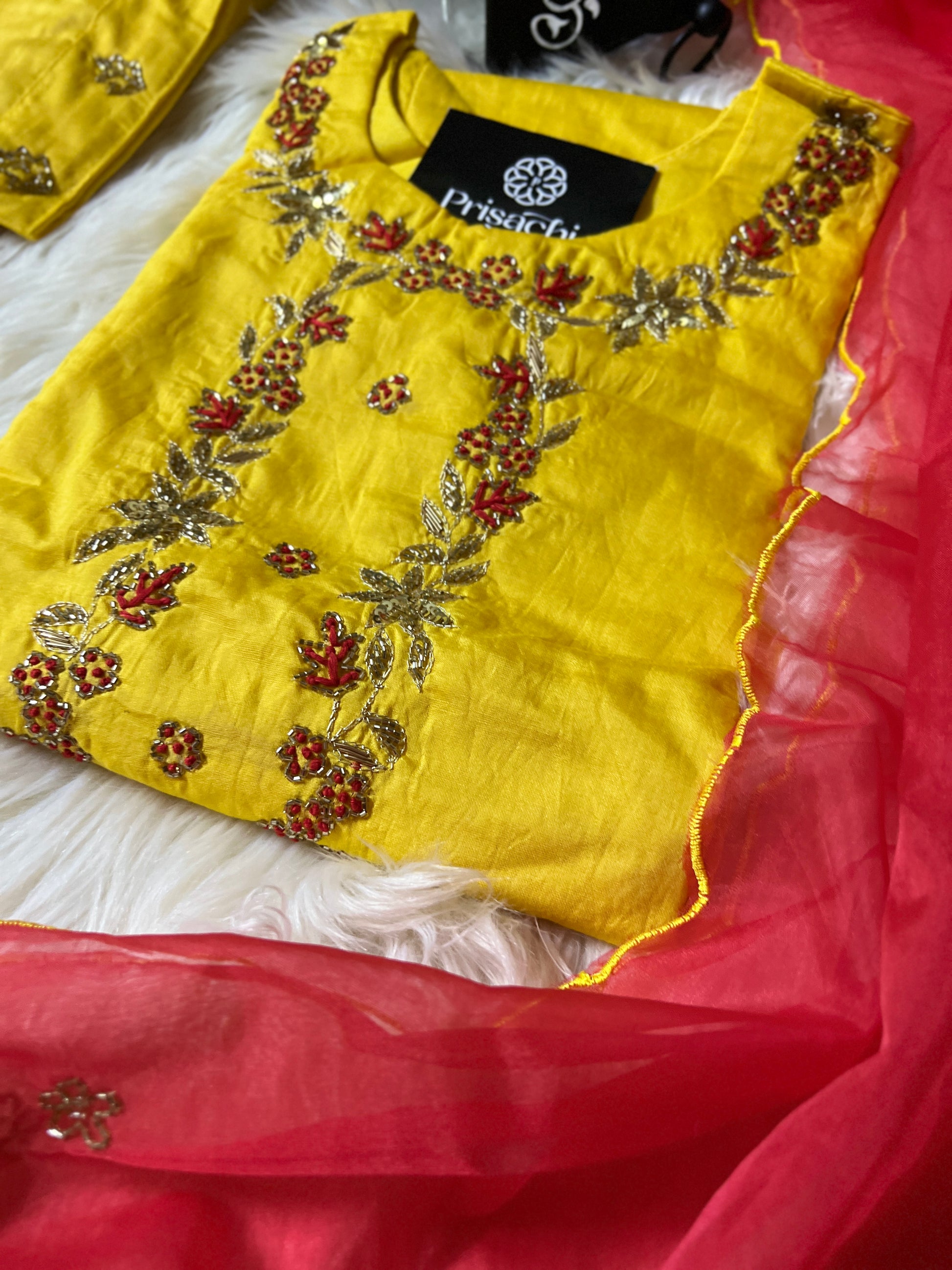 Yellow embroidered kurta set with dupatta - Prisachi Official