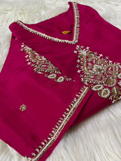 Pink cotton silk embroidered straight kurta set with dupatta - Prisachi Official