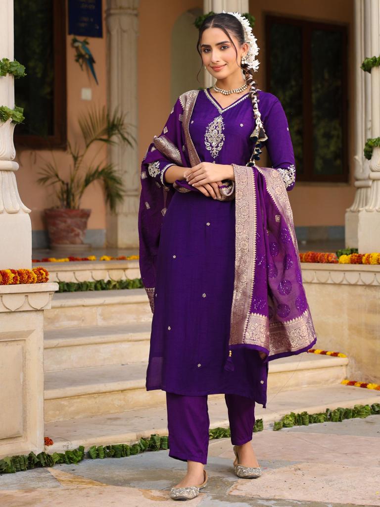 Purple cotton silk embroidered straight kurta set with dupatta - Prisachi Official