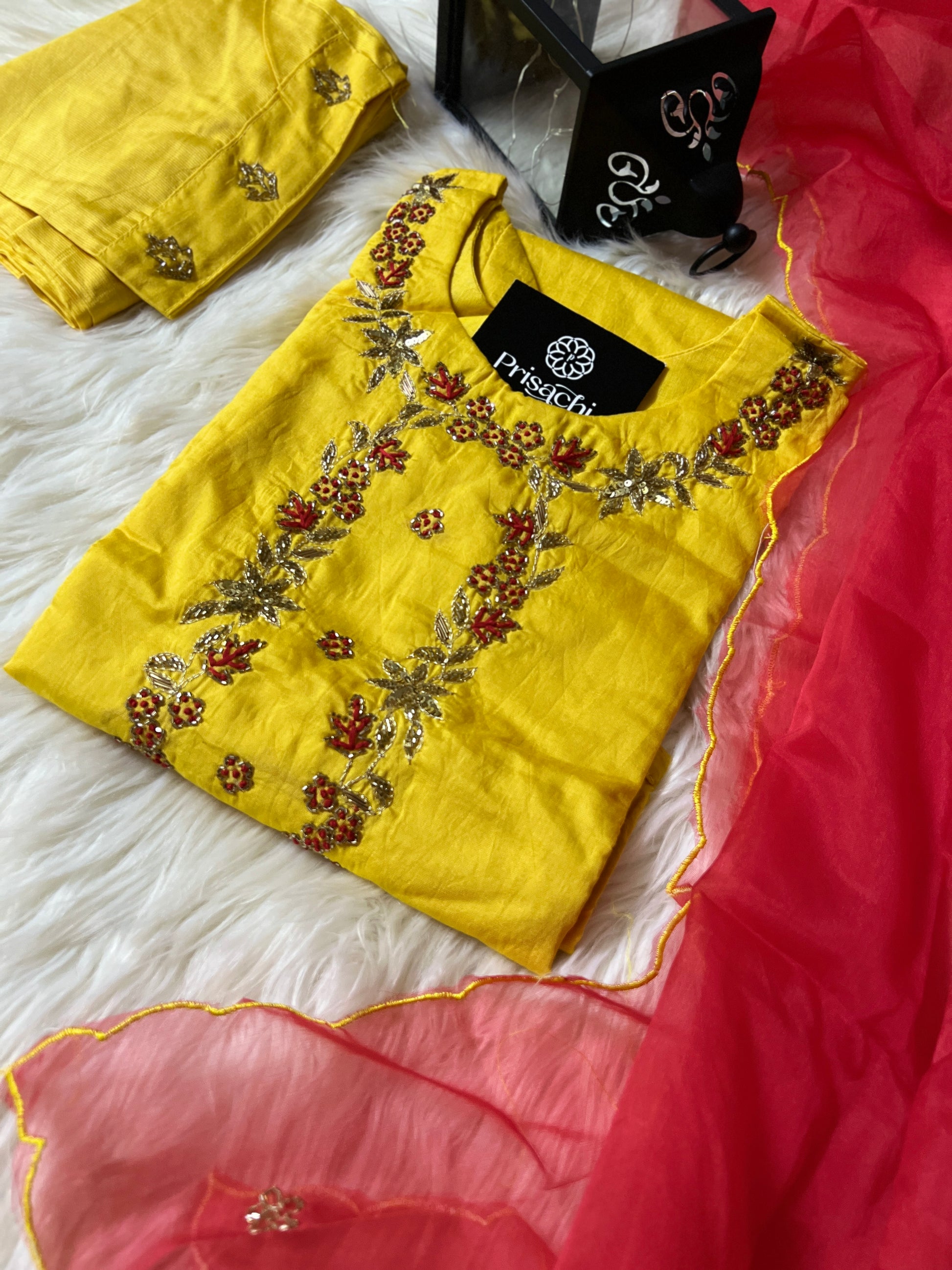 Yellow embroidered kurta set with dupatta - Prisachi Official