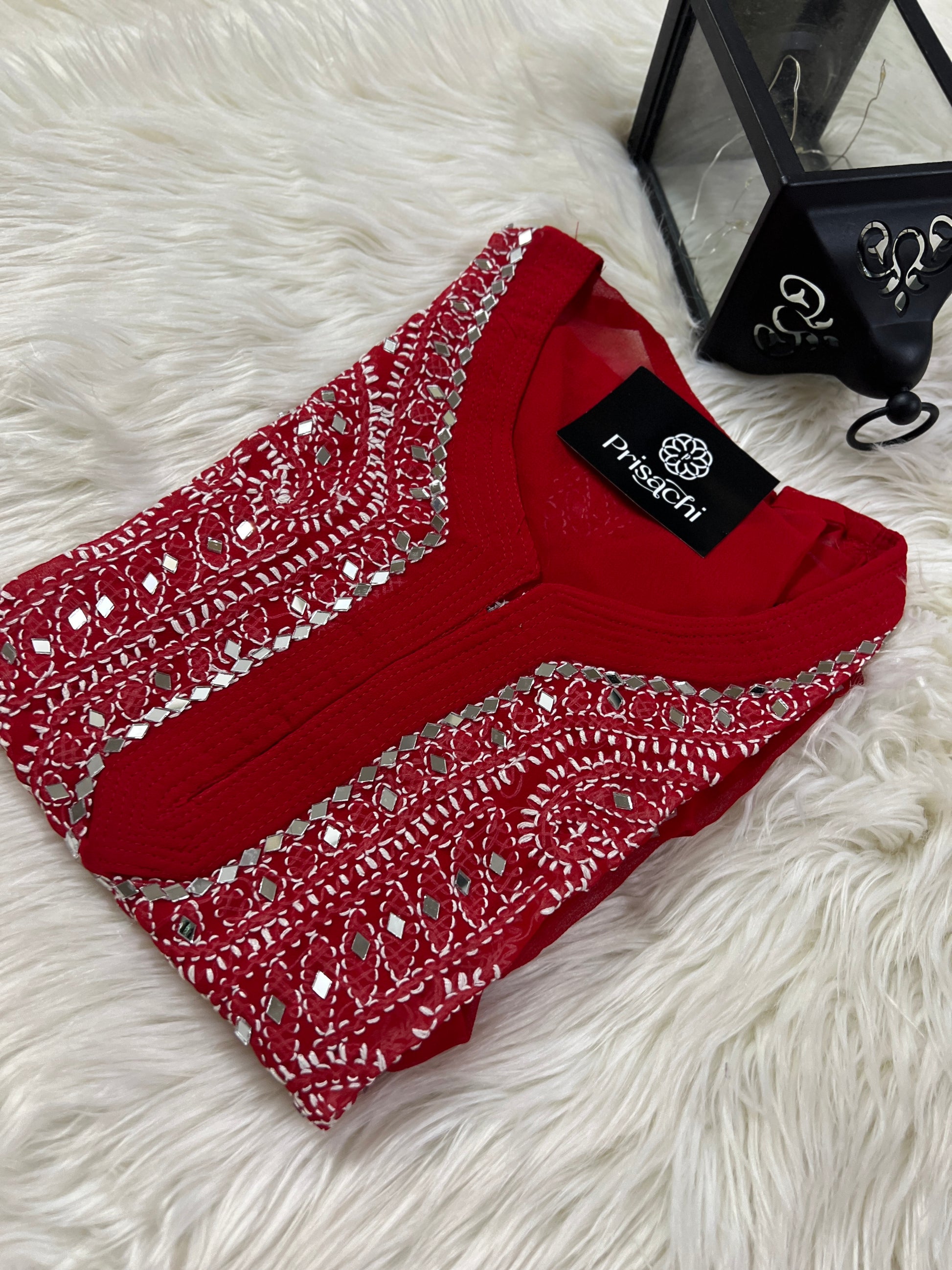 Red Georgette mirror work kurti with chikankari work - Prisachi Official