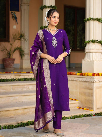 Purple cotton silk embroidered straight kurta set with dupatta - Prisachi Official