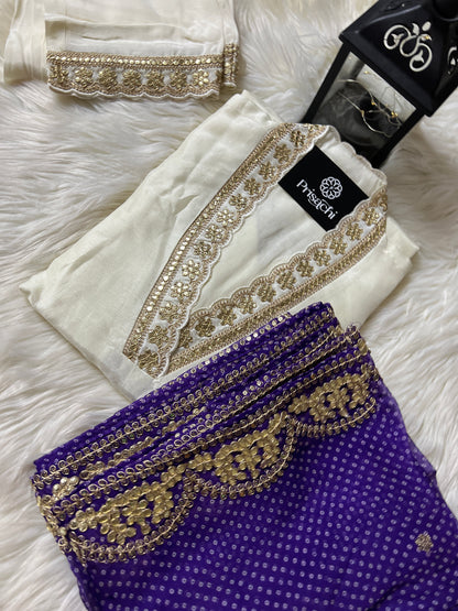 White Lilac silk kurta set with organza dupatta - Prisachi Official