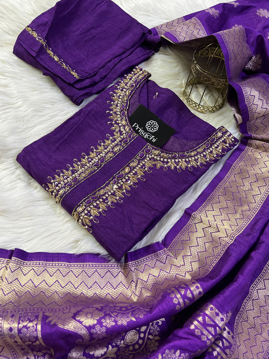 Purple Neck Embroidered Muslin kurta set with Full Designed dupatta - Prisachi Official