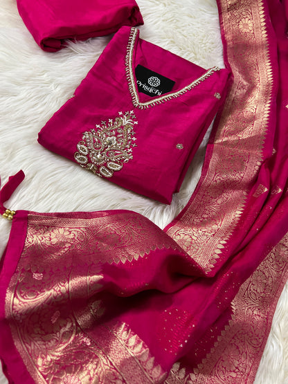 Pink cotton silk embroidered straight kurta set with dupatta - Prisachi Official