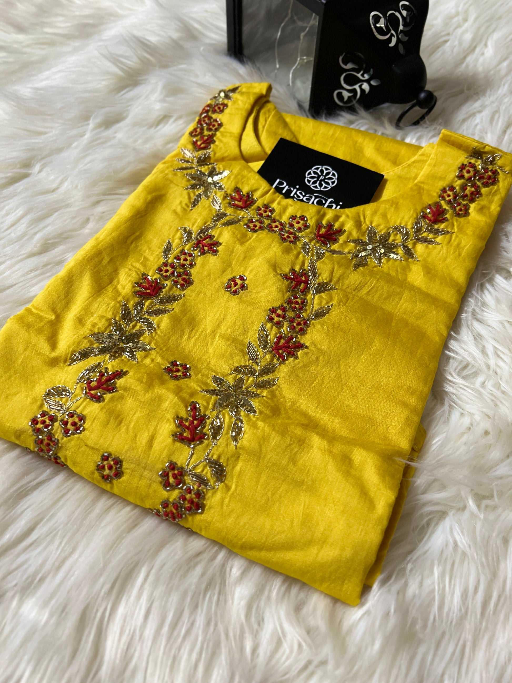 Yellow embroidered kurta set with dupatta - Prisachi Official