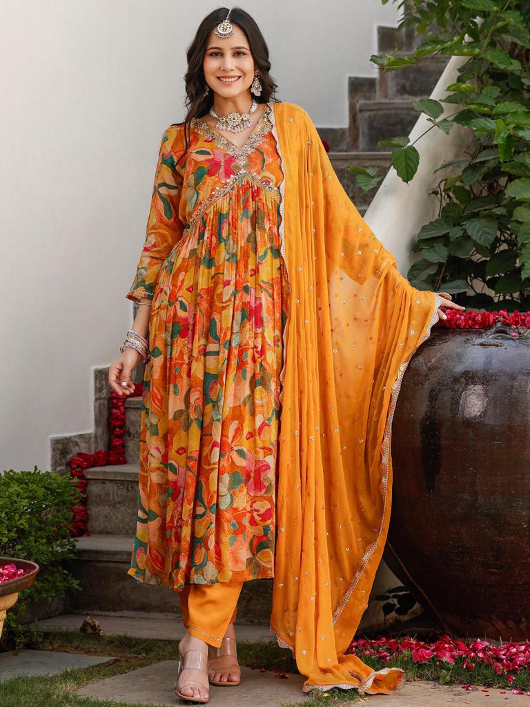 Yellow Chinon floral print Alia cut Anarkali dress - Prisachi Official