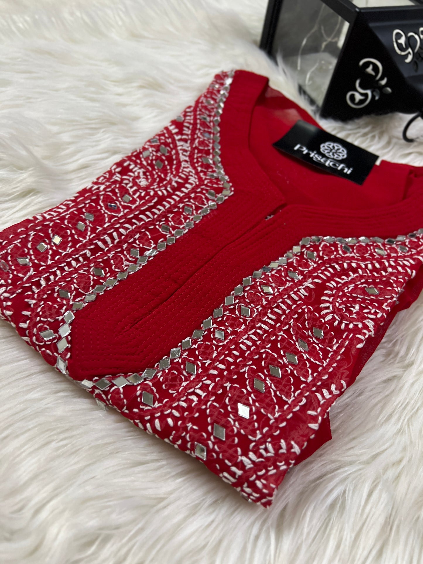 Red Georgette mirror work kurti with chikankari work - Prisachi Official