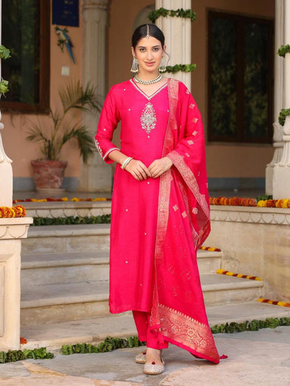 Pink cotton silk embroidered straight kurta set with dupatta - Prisachi Official