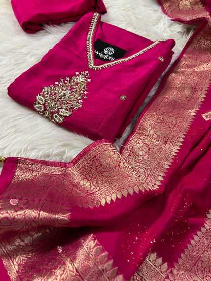 Pink cotton silk embroidered straight kurta set with dupatta - Prisachi Official