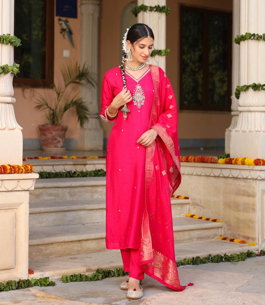 Pink cotton silk embroidered straight kurta set with dupatta - Prisachi Official