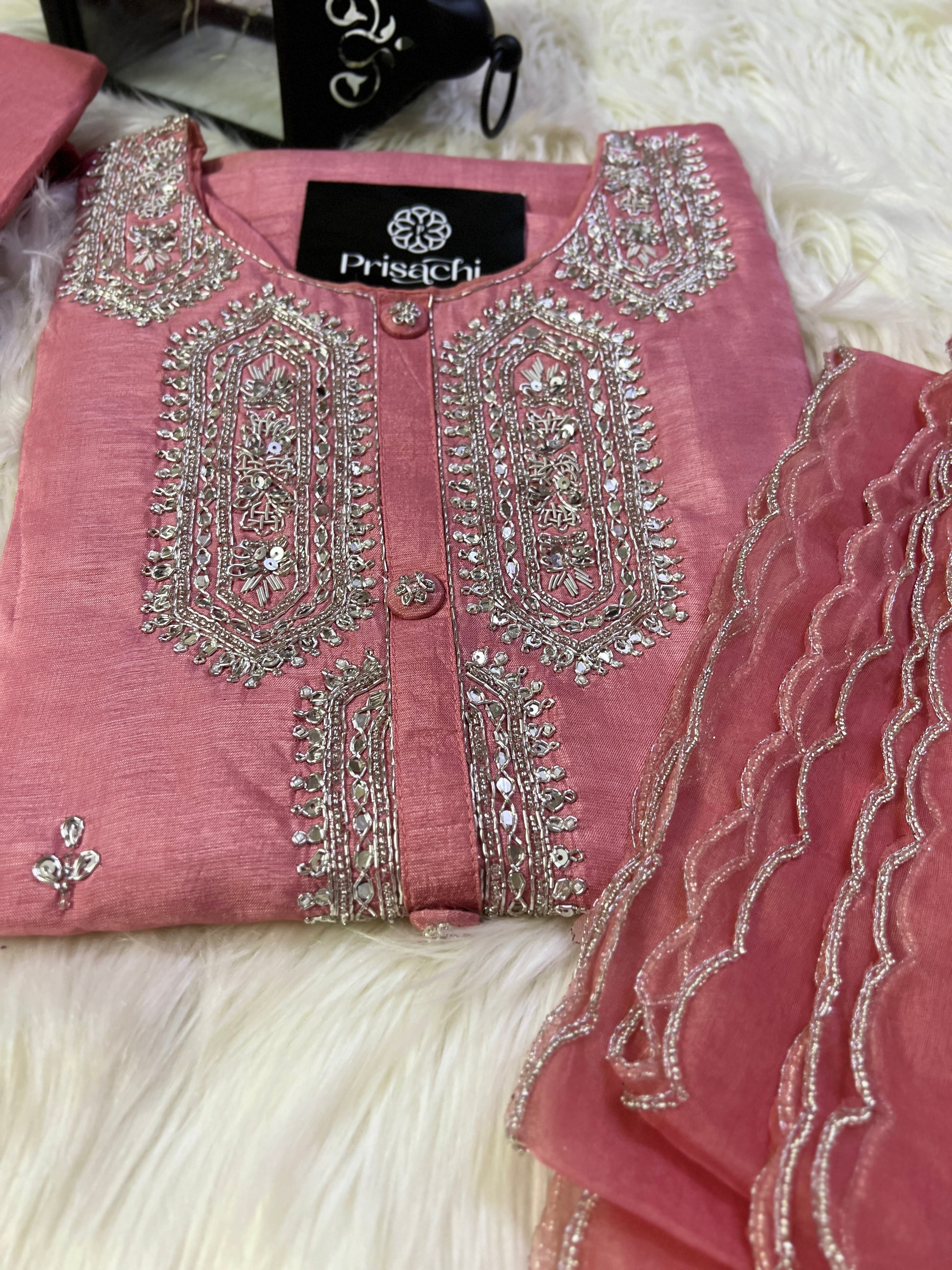Peach embroidered kurta set with organza dupatta - Prisachi Official