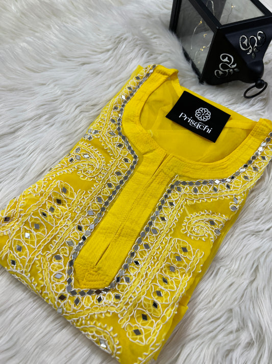 Yellow georgette mirrorwork chikankari kurta - Prisachi Official