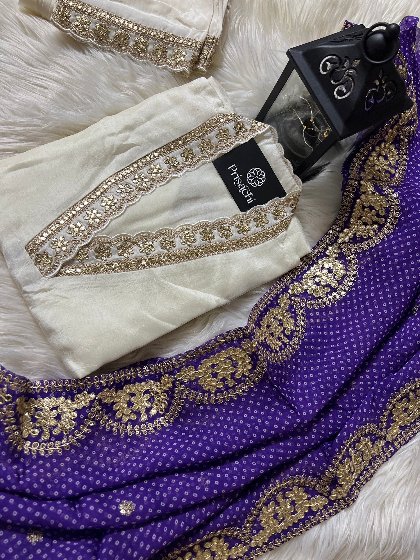 White Lilac silk kurta set with organza dupatta - Prisachi Official