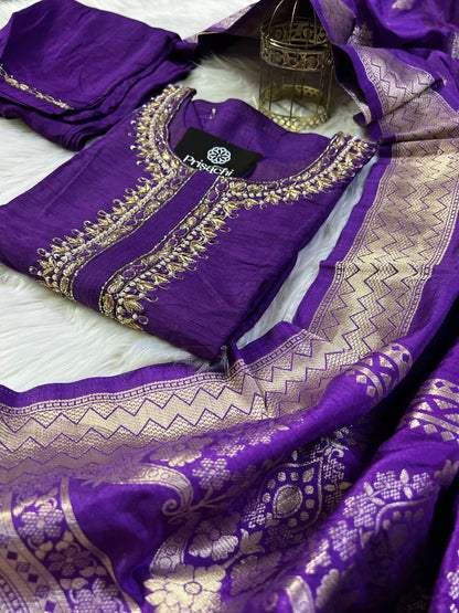 Purple Neck Embroidered Muslin kurta set with Full Designed dupatta - Prisachi Official