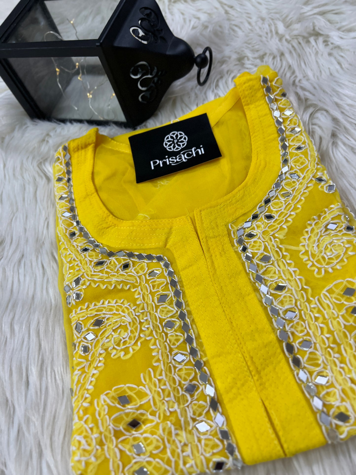 Yellow georgette mirrorwork chikankari kurta - Prisachi Official