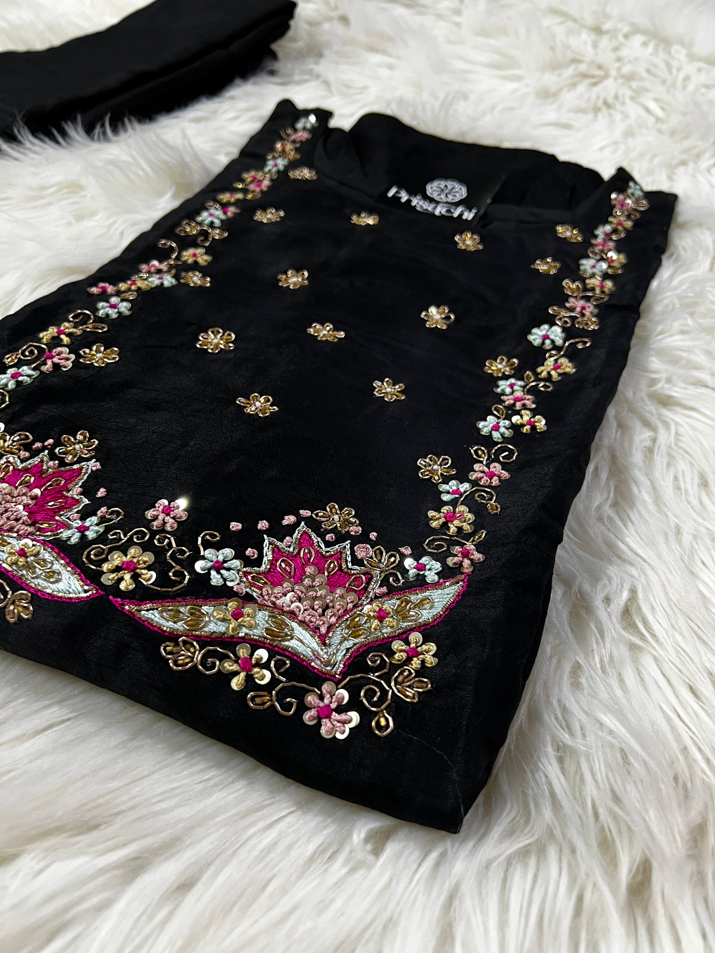 Black embroidered silk kurta set with dupatta - Prisachi Official