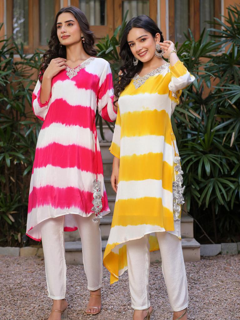 Tie dye neck embroidered kurta with straight leg pant Pink - Prisachi Official