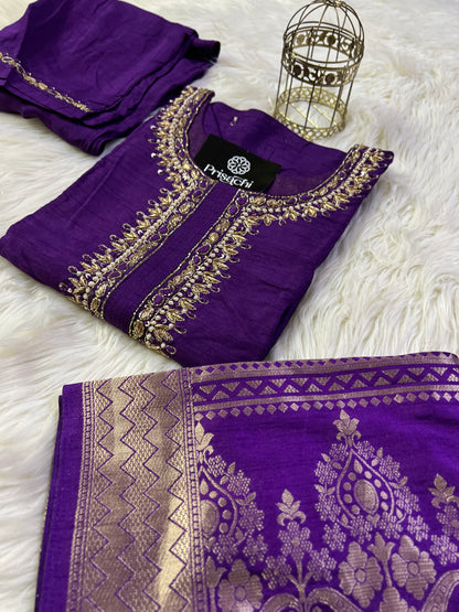 Purple Neck Embroidered Muslin kurta set with Full Designed dupatta - Prisachi Official