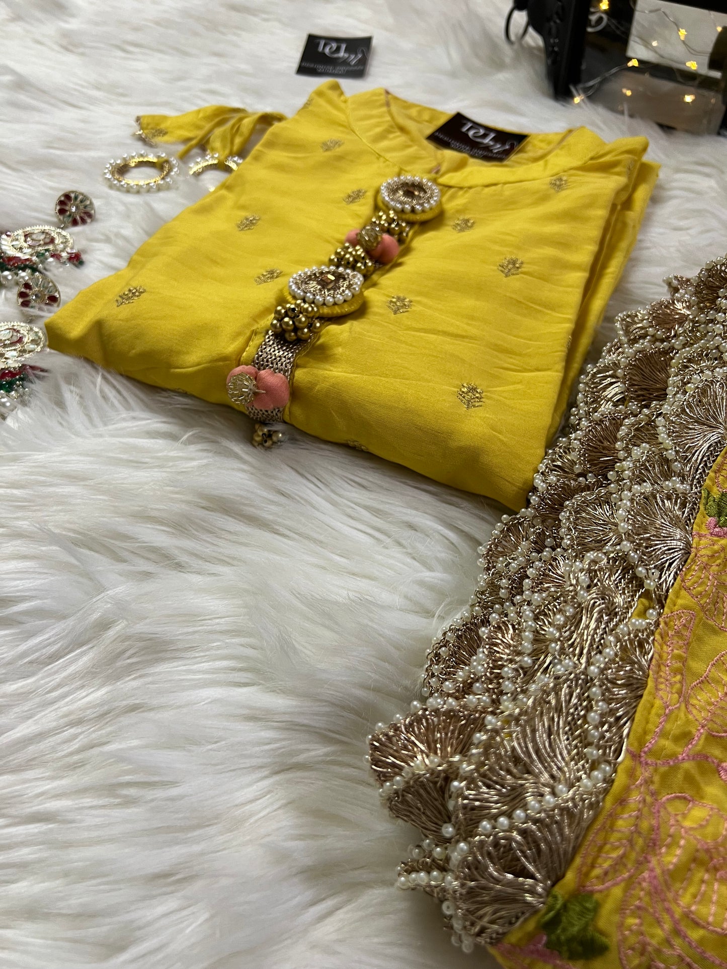 Yellow embroidered kurta set with dupatta - Prisachi Official