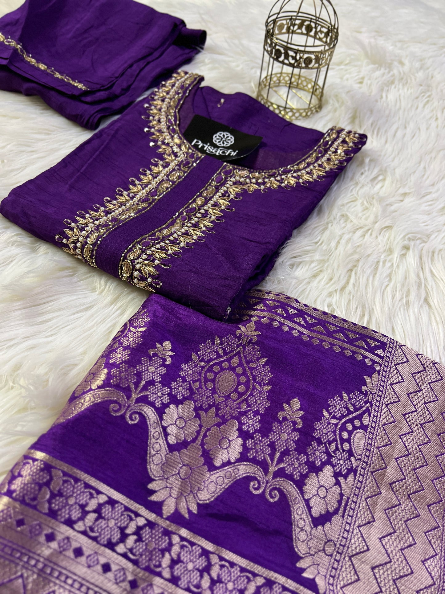 Purple Neck Embroidered Muslin kurta set with Full Designed dupatta - Prisachi Official