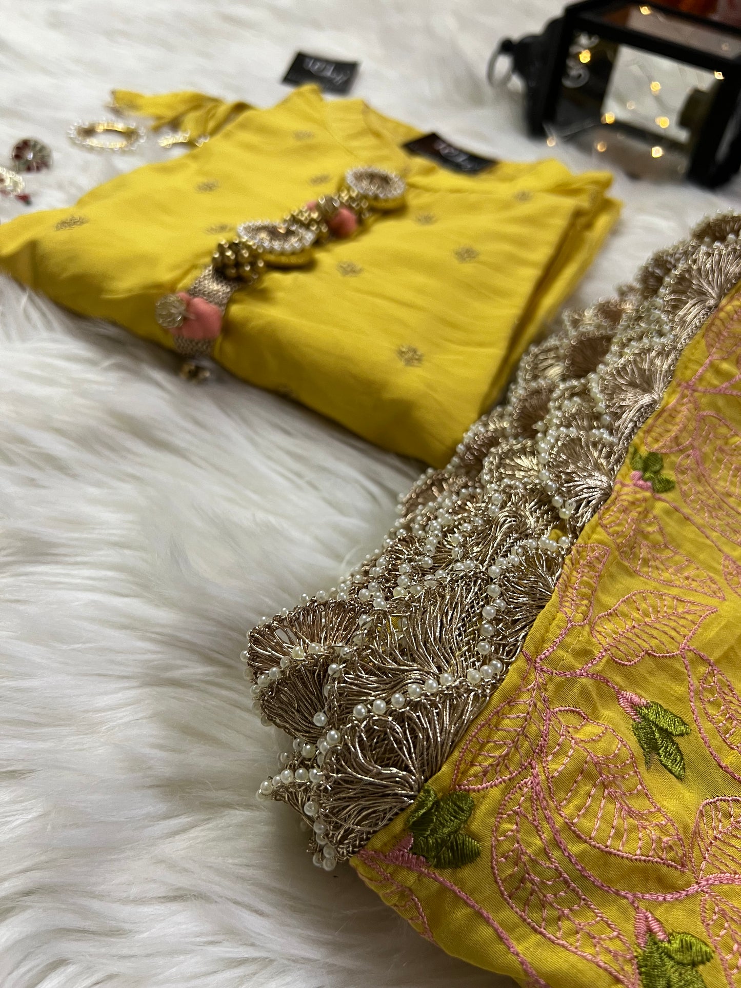 Yellow embroidered kurta set with dupatta - Prisachi Official