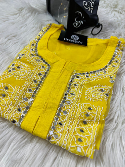 Yellow georgette mirrorwork chikankari kurta - Prisachi Official