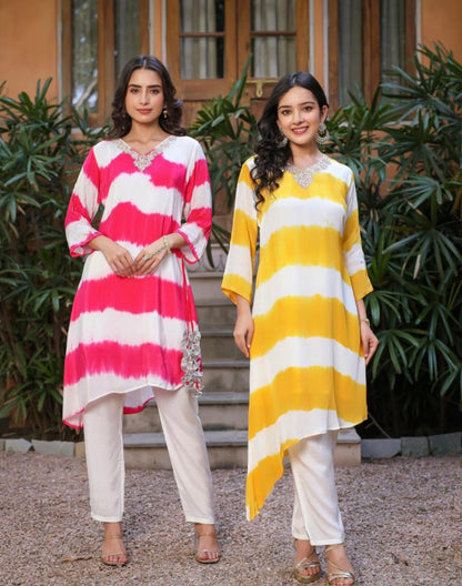 Tie dye neck embroidered kurta with straight leg pant Pink - Prisachi Official