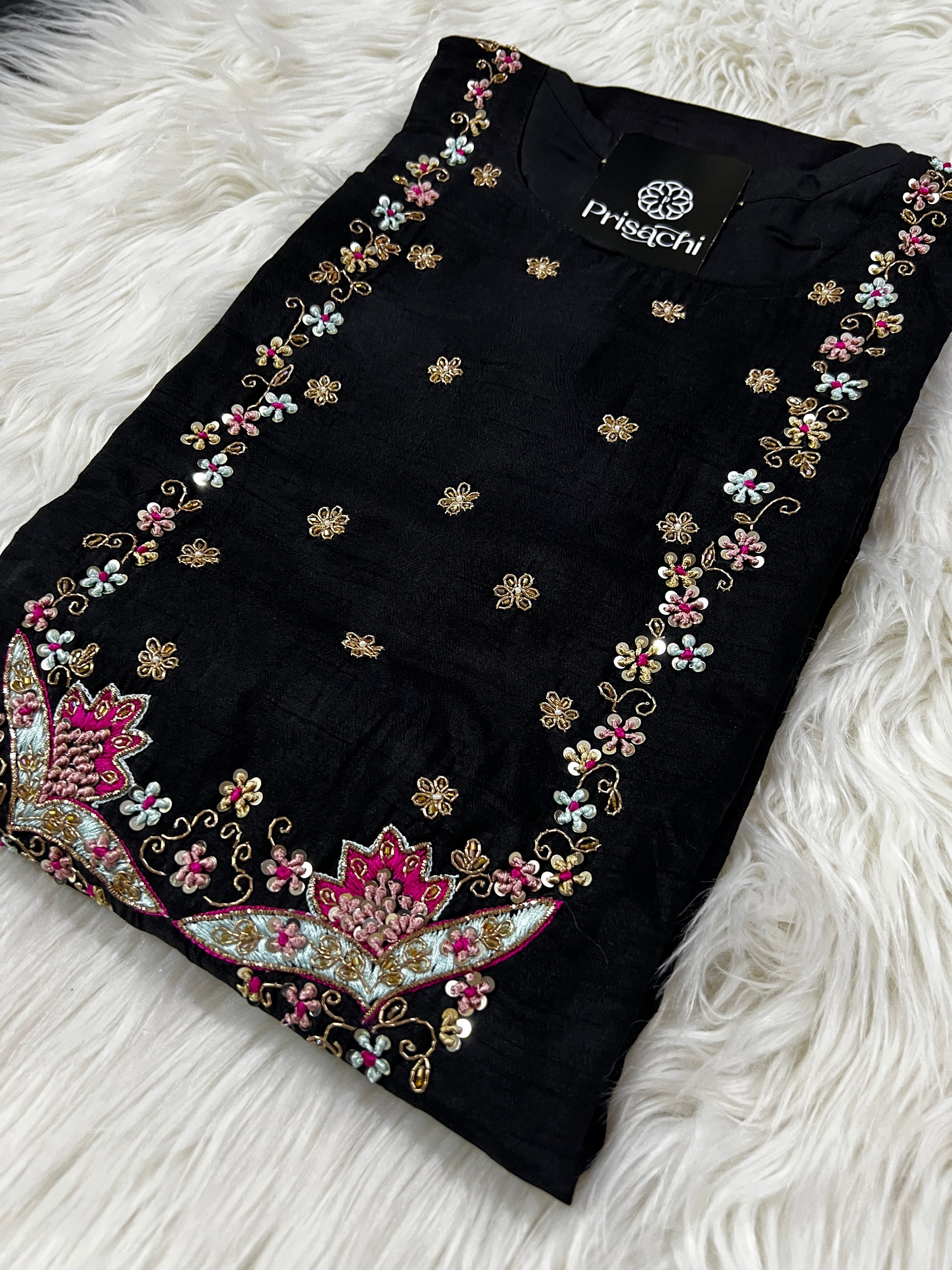 Black embroidered silk kurta set with dupatta - Prisachi Official