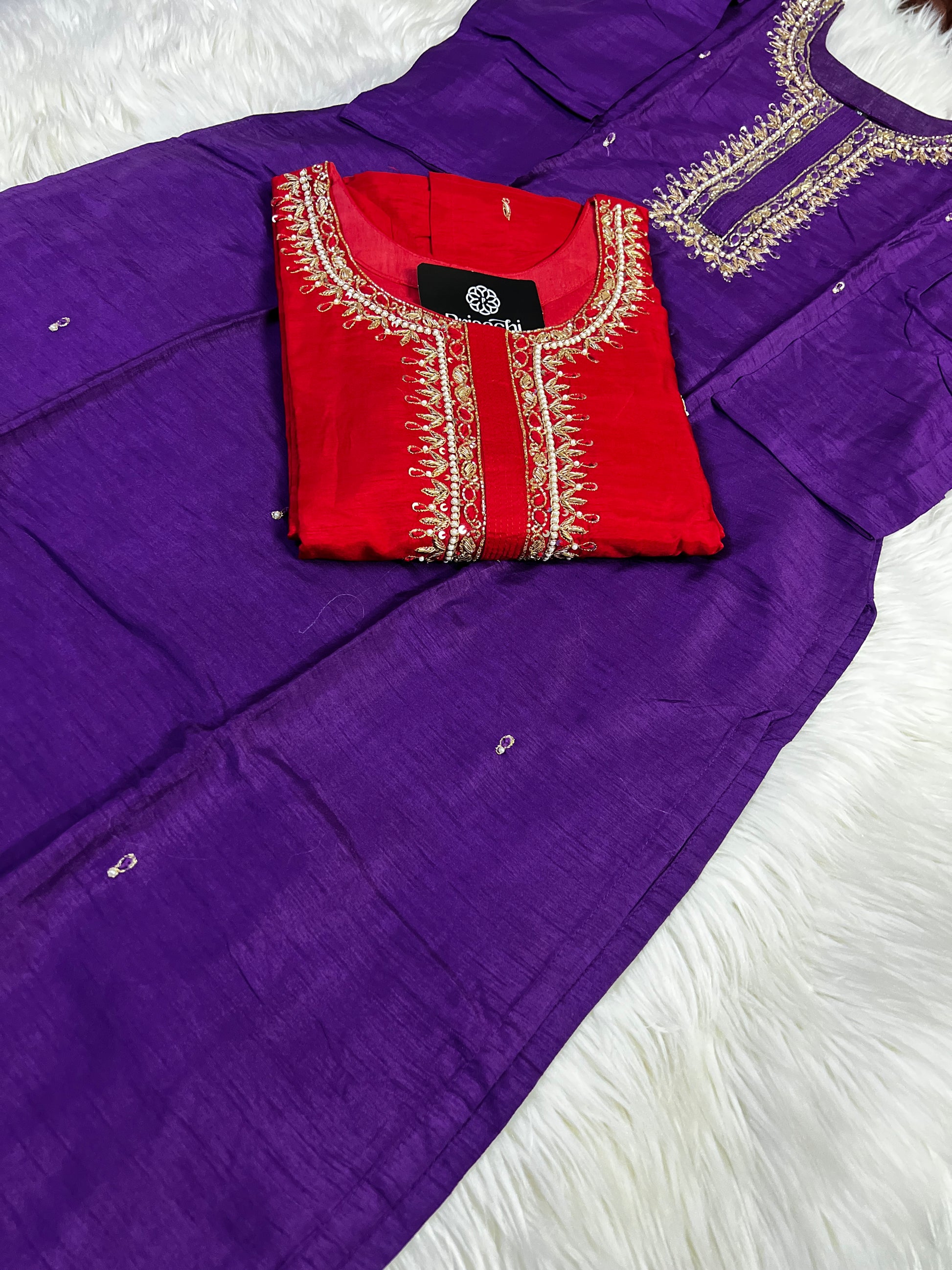 Purple Neck Embroidered Muslin kurta set with Full Designed dupatta - Prisachi Official