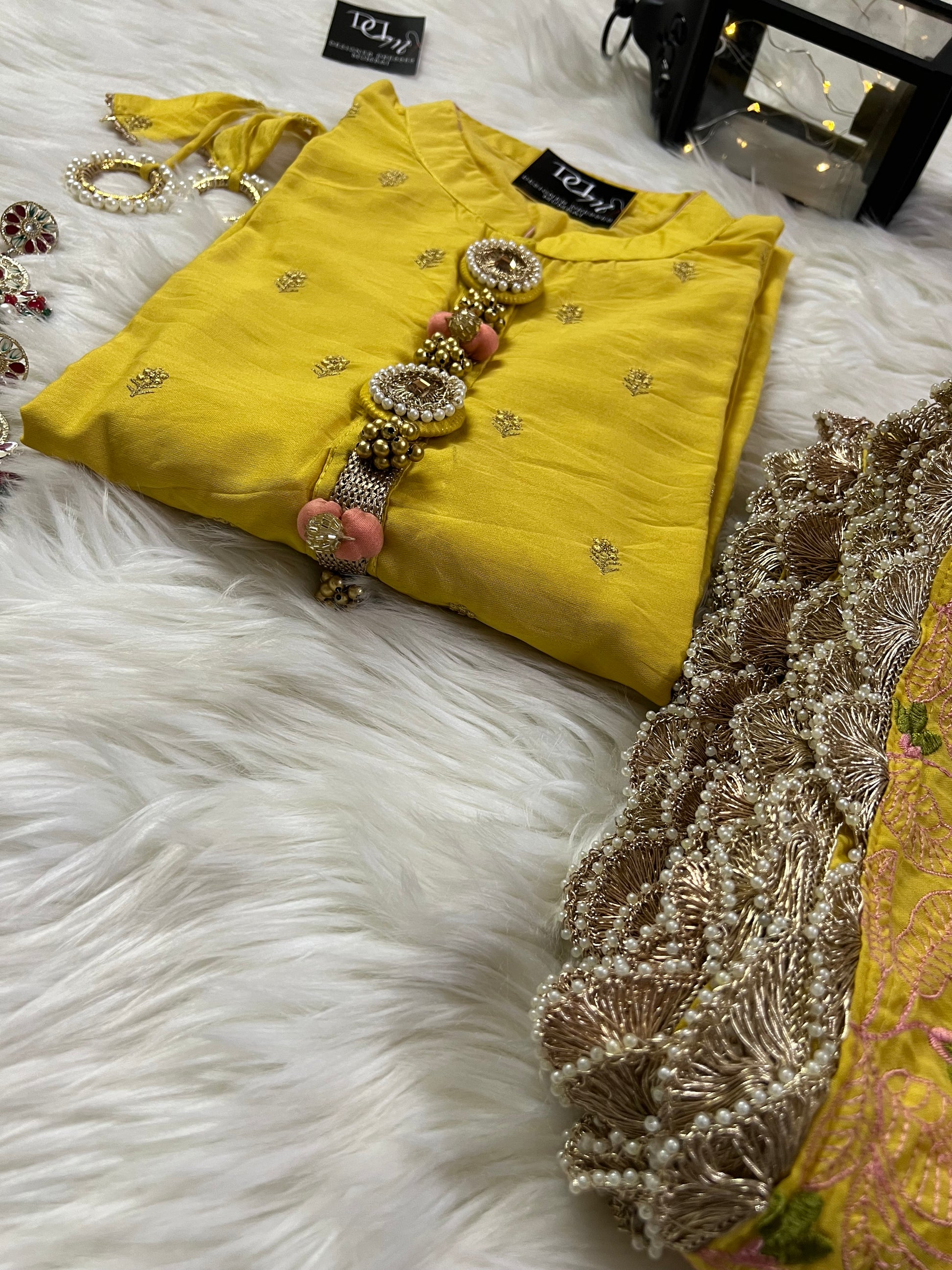 Yellow embroidered kurta set with dupatta - Prisachi Official