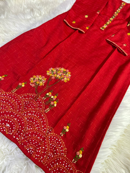 Red hand work cotton kurta - Prisachi Official