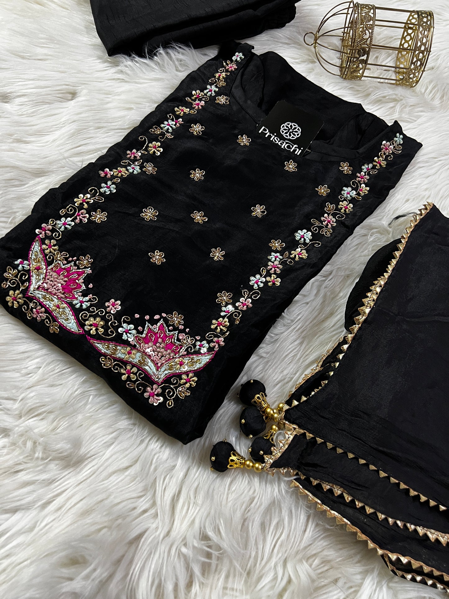 Black embroidered silk kurta set with dupatta - Prisachi Official