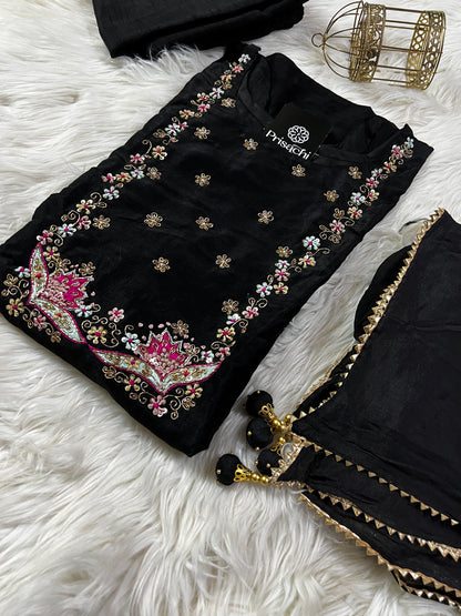 Black embroidered silk kurta set with dupatta - Prisachi Official